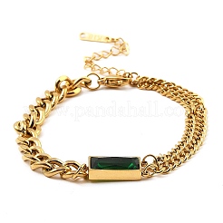 Браслет с прямоугольными звеньями из кубического циркония и цепочками из нержавеющей стали 304&nbsp;BJEW-Z015-01G