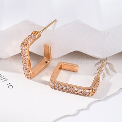 Прямоугольные серьги-гвоздики из латуни с микропаве из прозрачных кубических цирконий&nbsp;EJEW-K300-30G