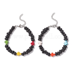 Браслеты из бисера с крестом из синтетической бирюзы и натуральными самородками лавы&nbsp;BJEW-JB12194