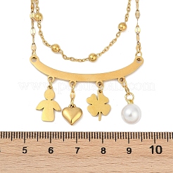 Двухслойные ожерелья из нержавеющей стали 304 и искусственного жемчуга в форме клевера в форме сердца для женщин&nbsp;LS-NJEW-V004-02G