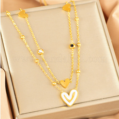 Двухслойное ожерелье из нержавеющей стали 304 с подвеской в форме сердца из прозрачных и черных кубических цирконий и натуральных белых ракушек для женщин&nbsp;FS-WGCE9B1-01