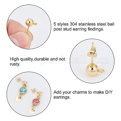 30 шт. 5 стиля фурнитуры для сережек-гвоздиков из нержавеющей стали 304 STAS-PH0001-48-1