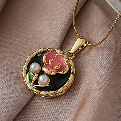 Женские ожерелья с подвеской в виде цветка из хирургической нержавеющей стали 316 с эмалью и имитацией жемчуга&nbsp;JA3265
