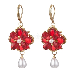 Серьги-подвески в форме цветка со стеклянными бусинами-капельками&nbsp;EJEW-MZ00670-01