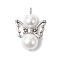 Round White Shell Pearl Pendants, Angel Charms with Alloy Wings, Platinum, 25x18x10mm, Hole: 2mm