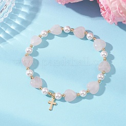 Эластичные браслеты из натуральных и синтетических драгоценных камней: сердца и жемчужные бусины в форме ракушек.&nbsp;BJEW-JB13413