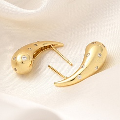 Серьги-гвоздики из латуни с микропаве из прозрачного кубического циркония с покрытием в виде капли&nbsp;EJEW-H143-18G