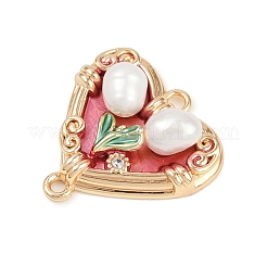 Подвески-сердечки из латунной эмали и натурального жемчуга с цветочным соединителем&nbsp;KK-K351-52G-03