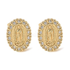 Овальные серьги-гвоздики с изображением Девы Марии из латуни с микропаве из прозрачных кубических цирконий&nbsp;EJEW-D305-10G