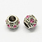 Alloy Rhinestone European Beads, Rondelle Large Hole Beads, Antique Silver, Rosaline, 11x8~9mm, Hole: 5~6mm