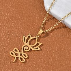 Ожерелья из полой нержавеющей стали 304 с подвеской в виде цветка лотоса в форме ом для йоги&nbsp;NJEW-Z073-02G-02