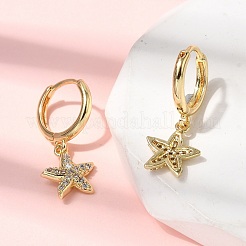 Серьги-кольца в форме морской звезды из латуни с микропаве и прозрачными кубическими циркониями&nbsp;EJEW-H180-28G