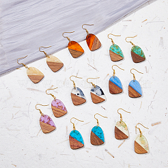 8 пара двухцветных сережек из смолы и дерева с железными булавками&nbsp;EJEW-AB00033