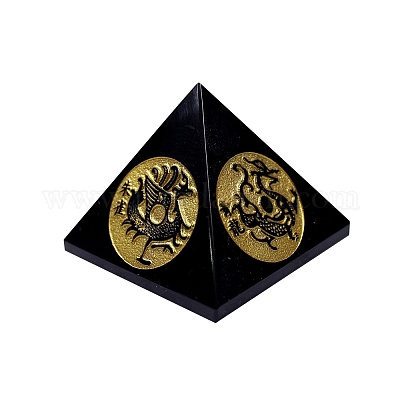 Пирамида из натурального обсидиана с фигурками знаков мифических зверей&nbsp;PW-WG94436-01-1