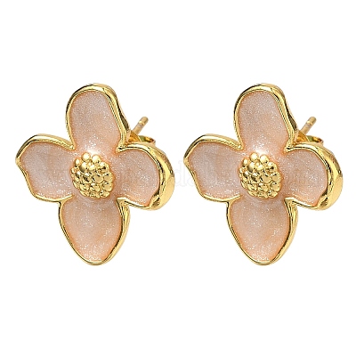 Цветок латунь эмаль серьги стержня&nbsp;EJEW-P341-03G-04-1