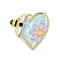 Alloy Enamel Pendants, Light Gold, Cadmium Free & Nickel Free & Lead Free, Rack Plating, Heart with Flower & Bees, Light Sky Blue, 25x26x3mm, Hole: 2.1mm