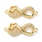 Rack Plating Brass Clear Cubic Zirconia Infinity Heart Connector Charms, Long-Lasting Plated, Lead Free & Cadmium Free, Real 18K Gold Plated, 9.5x24x3mm, Hole: 1.3mm