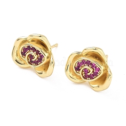 Серьги-гвоздики из латуни с микропаве из кубических цирконий в форме цветка розы&nbsp;EJEW-G452-08G-01