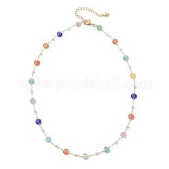 Красочные плоские круглые ожерелья из латуни с кошачьим глазом и пластиковым искусственным жемчугом ручной работы для женщин&nbsp;NJEW-JN05743