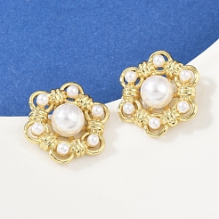 Серьги-гвоздики из искусственного жемчуга с цветком из латуни и АБС-пластика&nbsp;EJEW-M082-09G