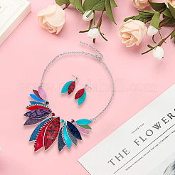 Ожерелье из сплава листьев с подвеской из искусственной кожи и серьга-гвоздик&nbsp;SJEW-CL0001-02