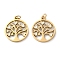 Ion Plating(IP) 304 Stainless Steel Enamel Pendants, with Jump Ring, Flat Round with Tree of Life Charm, Real 18K Gold Plated, 17x15x1.3mm, Hole: 2.8mm