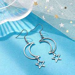 Не тускнеющие полые серьги-подвески в форме звезды и луны из нержавеющей стали 304&nbsp;EJEW-JE05311-02