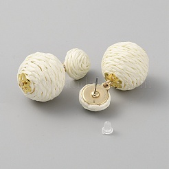 Серьги-гвоздики с круглыми шариками из рафии&nbsp;EJEW-WH0009-71A