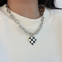 Ожерелья с подвеской в виде сердца из сплава с эмалью в черно-белую клетку для женщин&nbsp;FS-WGFAE52-01
