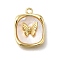 Brass Pave Natural White Shell Pendants, Rectangle with Butterfly Charms, Long-Lasting Plated, Real 14K Gold Plated, 16.5x12.5x4mm, Hole: 1.4mm