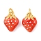 Brass Enamel Pendants, Strawberry Charms, Long-Lasting Plated, Lead Free & Cadmium Free, with Jump Ring, Real 24K Gold Plated, 10.5x8x4mm, Hole: 2mm