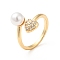 Clear Cubic Zirconia Heart Open Cuff Ring with Acrylic Pearl, Rack Plating Brass Jewelry for Women, Cadmium Free & Lead Free, Real 18K Gold Plated, US Size 8 1/2(18.5mm)