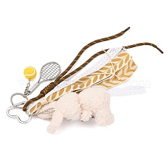 Подвеска в виде теннисной ракетки из полиэфирной веревки и сплава и плюшевого кролика&nbsp;HJEW-JM04385-01