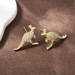 Серьги-гвоздики в форме кенгуру из латуни с микропаве из прозрачных кубических цирконий&nbsp;EJEW-F400-05G