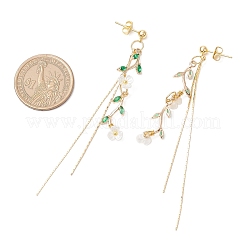 Листья с цветком латунные серьги-гвоздики с кисточками из микропаве из кубических цирконий&nbsp;EJEW-JE06456