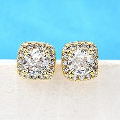 Серьги-гвоздики из латуни с микропаве и прозрачным кубическим цирконием&nbsp;EJEW-G433-04G