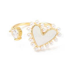 Открытое кольцо-манжета в форме сердца из прозрачного кубического циркония с ракушкой&nbsp;RJEW-P204-02G