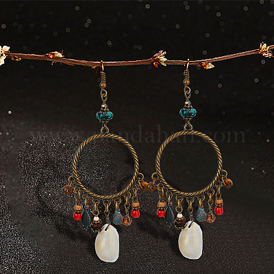 1 пара серег-люстры из натуральной ракушки и синтетической бирюзы EJEW-FI0001-84-1