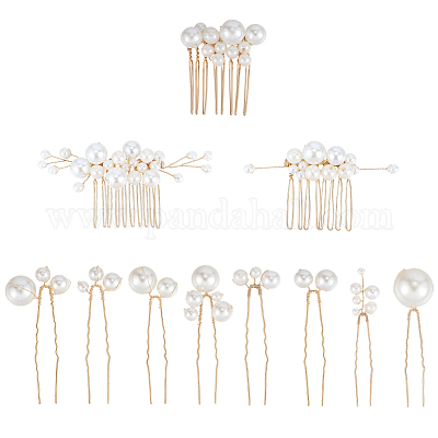 Наборы гребней для волос из медной проволоки и искусственного жемчуга из АБС-пластика для женщин и девочек&nbsp;OHAR-CY0001-20-1