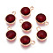 Golden Tone Brass Glass Charms, Flat Round, Faceted, Dark Red, 11~12x8.5~9x3.5~4mm, Hole: 1.8~2mm