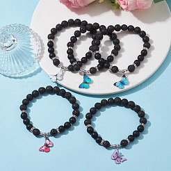 Эластичный браслет с круглыми бусинами из натурального лавового камня и черного агата&nbsp;BJEW-JB10010