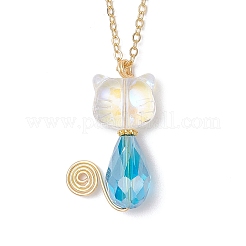 Стеклянный кулон в форме кошки латунные кабельные цепочки ожерелья для женщин&nbsp;NJEW-JN05274