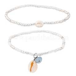 2 стиль летние эластичные браслеты на щиколотку из натурального жемчуга и круглых стеклянных бусин&nbsp;AJEW-AN00670-02