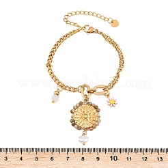 Браслеты с подвесками в виде плоских круглых цветов из нержавеющей стали 304 и эмали&nbsp;BJEW-P375-02G