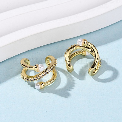 Серьги-каффы в форме буквы С с микропаве из прозрачного кубического циркония из латуни&nbsp;LS-EJEW-D328-08G-1