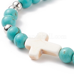 Плетеный браслет из синтетической бирюзы (окрашенной) с крестом из синтетического магнезита&nbsp;BJEW-TA00146-02