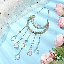 Самородки натуральный кварцевый кристалл и лабрадоритовый осколок и латунные лунные подвесные украшения&nbsp;HJEW-JM02566