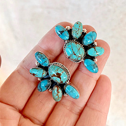 Серьги-гвоздики из сплава цветов и синтетической бирюзы в богемном стиле&nbsp;FS-WG437DA-01