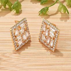 Серьги-гвоздики из латуни с микропаве из прозрачного кубического циркония в форме ромба для женщин&nbsp;EJEW-G428-05G