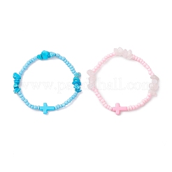 2 шт. эластичные браслеты из бусин с натуральным розовым кварцем и синтетической бирюзой для женщин&nbsp;BJEW-JB12909